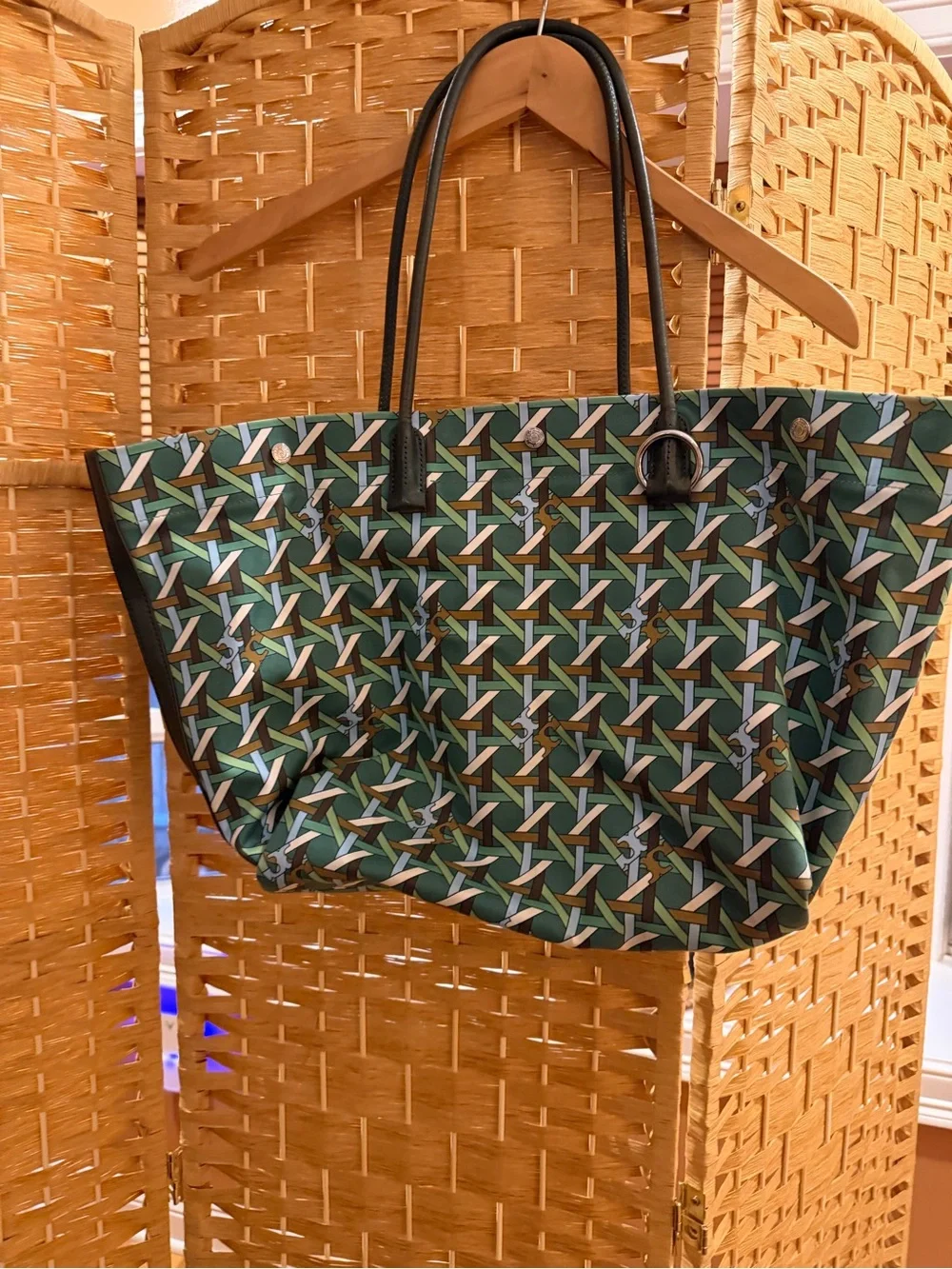 Tory Burch Green Geometric Logo-Print Tote with Black Handles